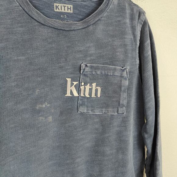 Kith Long Sleeve Pocket Tee Kids 4 5 Faded Blue Logo Graphic Crewneck Cotton - Picture 2 of 7